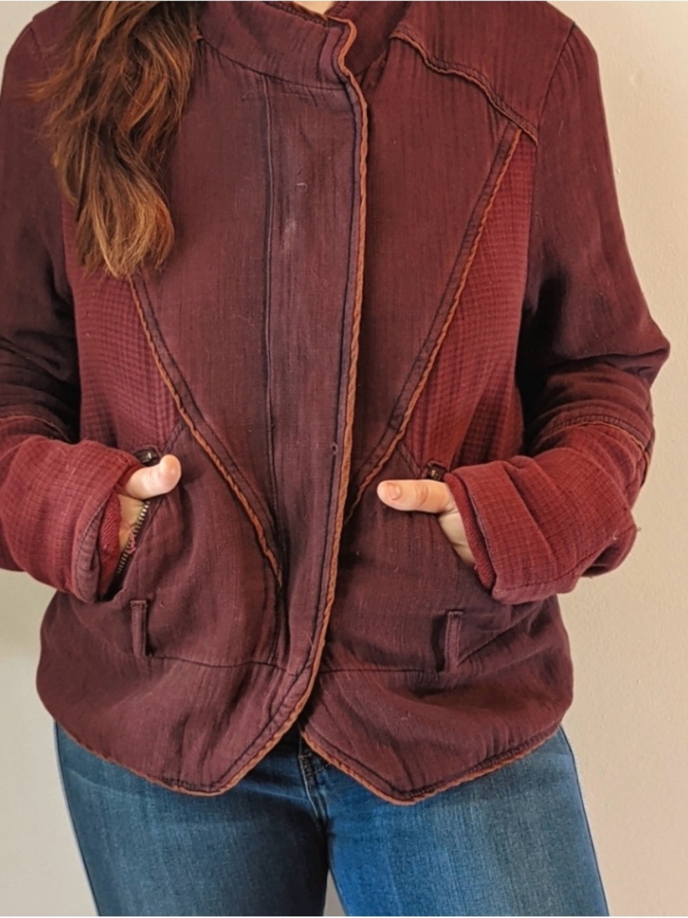 Free People oversized Women's Burgundy Casual Zip-Front Jacket